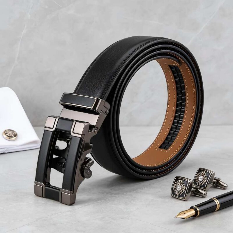 Men's automatic buckle business belt with metal and leather trim