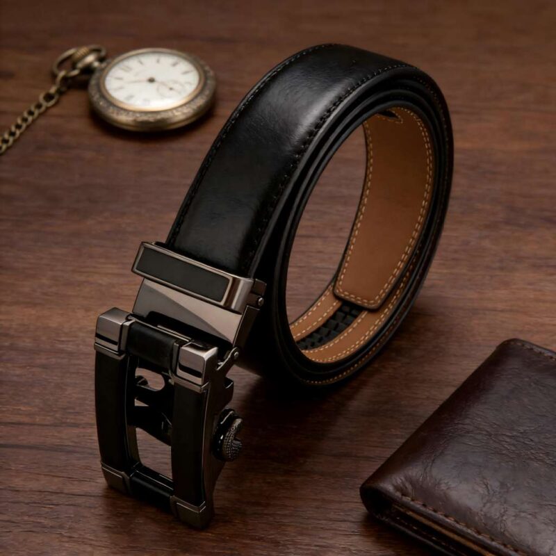 Men's automatic buckle business belt with metal and leather trim