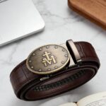 Bonitogo Men’s Luxury Ratchet Leather Belt – Brown Crocodile Pattern with Religious Symbol Buckle DC8680 - Image 8