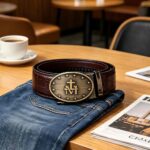 Bonitogo Men’s Luxury Ratchet Leather Belt – Brown Crocodile Pattern with Religious Symbol Buckle DC8680 - Image 7