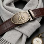 Bonitogo Men’s Luxury Ratchet Leather Belt – Brown Crocodile Pattern with Religious Symbol Buckle DC8680 - Image 2
