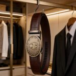 Bonitogo Men’s Luxury Ratchet Leather Belt – Brown Crocodile Pattern with Religious Symbol Buckle DC8680 - Image 4