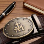 Bonitogo Men’s Luxury Ratchet Leather Belt – Brown Crocodile Pattern with Religious Symbol Buckle DC8680 - Image 5