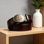 Bonitogo Men’s Luxury Ratchet Leather Belt – Brown Crocodile Pattern with Religious Symbol Buckle DC8680 - Image 3