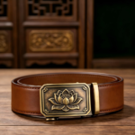 Wholesale Retro Zen Lotus Automatic Belt – Vintage Brass Ratchet Buckle, Premium Brown Leather DC8676 - Image 4