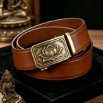 Wholesale Retro Zen Lotus Automatic Belt – Vintage Brass Ratchet Buckle, Premium Brown Leather DC8676 - Image 5